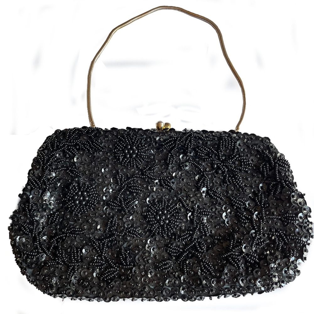 Black Silk Beaded Dressy Clutch Bag with a Short-Gilded Chain, Inside Pocket and